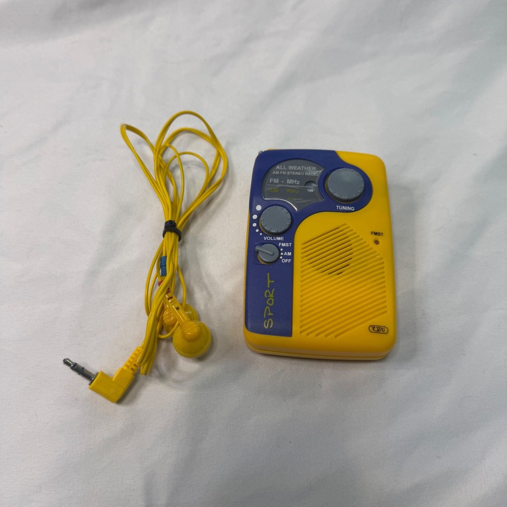 Tozai Sport All Weather AM/FM Stereo Portable Pocket Radio Yellow Blue Works